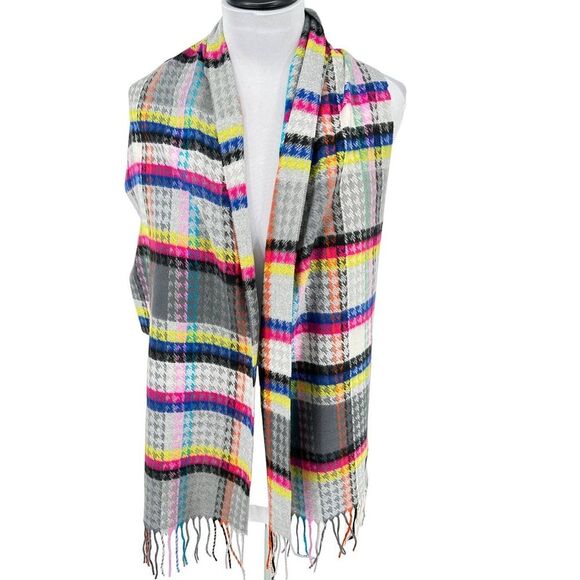 Plaid Scarf Gray Pink Yellow Blue Wool Blend Houndstooth Fringe Scarf Wrap - Picture 1 of 5